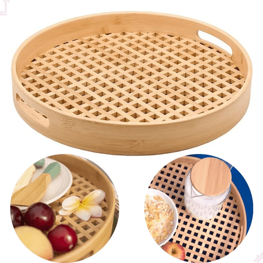 Bandeja De Bambu Multiuso Decorativa Redonda Vazada 30cm