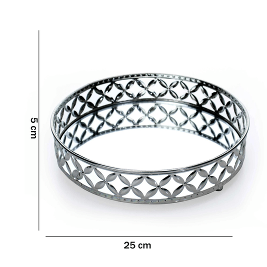 Bandeja Decorativa Redonda Em Metal Prata Com Espelho G 25CM
