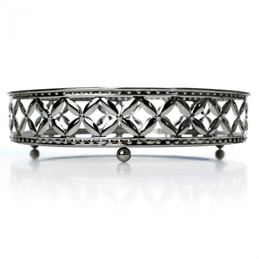 Bandeja Decorativa Redonda Em Metal Prata Com Espelho G 25CM

