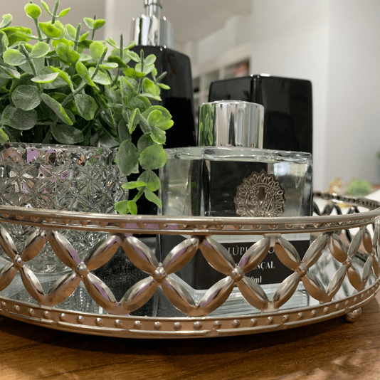 Bandeja Decorativa Redonda Em Metal Prata Com Espelho G 25CM
