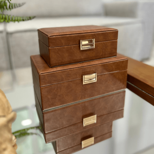 Caixa Decorativa Em Mdf Revestimento Pu Marrom 23,5cm