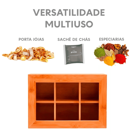 Caixa Organizador De Chá Bambu Com 6 Divisórias 21x16x7,5cm