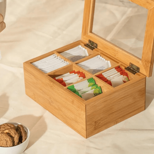 Caixa Organizador De Chá Bambu Com 6 Divisórias 21x16x7,5cm