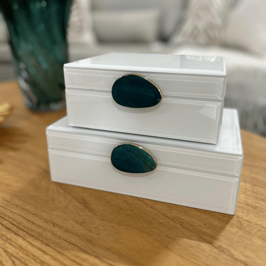 Caixa Porta Joias Madeira E Vidro Branco Detalhe Pedra P 19cm