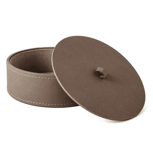 Caixa Redonda Decorativa Revestimento Em PU Cinza 16x5,5cm