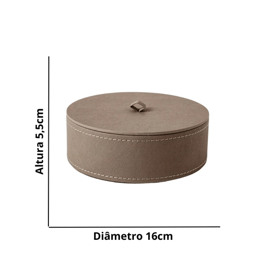 Caixa Redonda Decorativa Revestimento Em PU Cinza 16x5,5cm