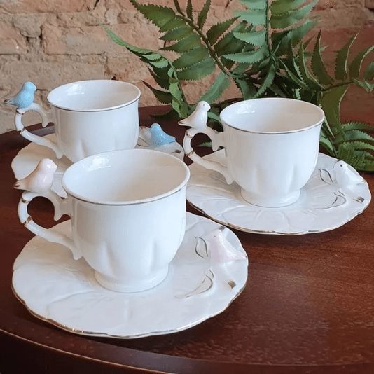 Conjunto 6 Xícaras de Café Com Pires Porcelana Birds Passarinho 100ml