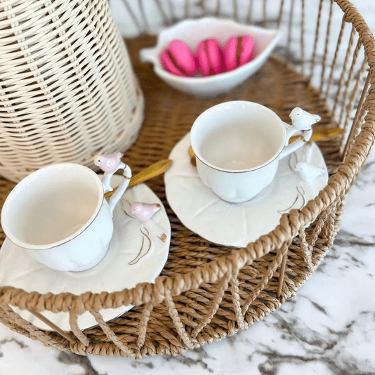 Conjunto 6 Xícaras de Café Com Pires Porcelana Birds Passarinho 100ml