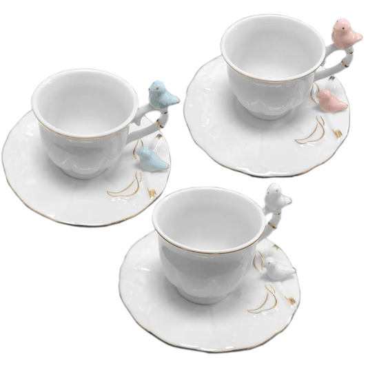Conjunto 6 Xícaras de Café Com Pires Porcelana Birds Passarinho 100ml
