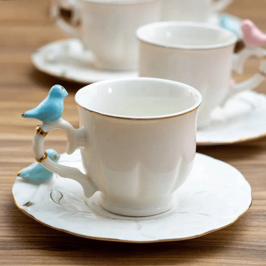 Conjunto 6 Xícaras de Café Com Pires Porcelana Birds Passarinho 100ml