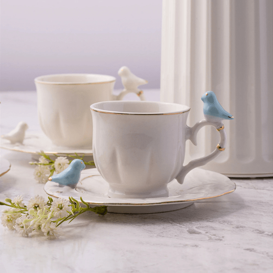 Conjunto 6 Xícaras de Café Com Pires Porcelana Birds Passarinho 100ml