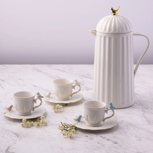 Conjunto 6 Xícaras de Café Com Pires Porcelana Birds Passarinho 100ml