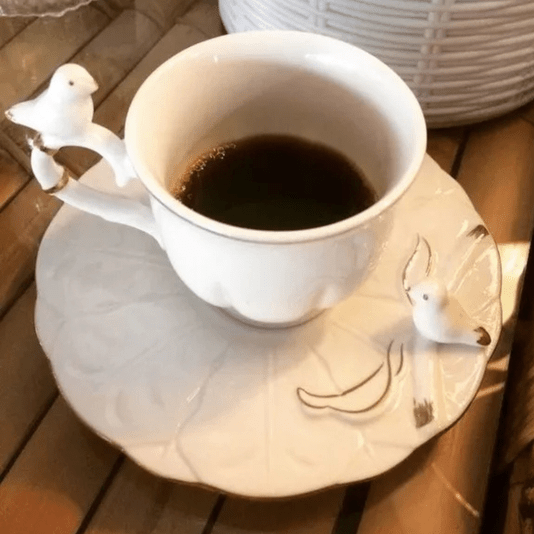 Conjunto 6 Xícaras de Café Com Pires Porcelana Birds Passarinho 100ml