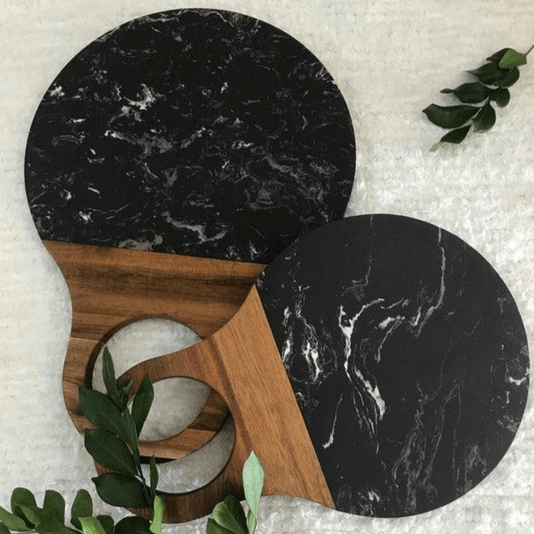 Conjunto De Tábuas Para Servir Em Mármore Preto E Madeira