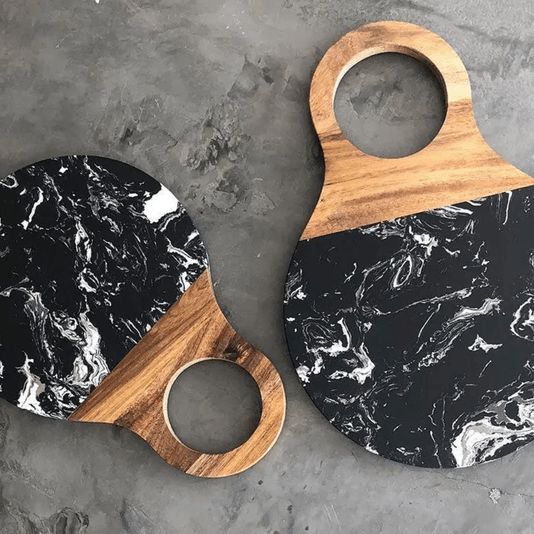 Conjunto De Tábuas Para Servir Em Mármore Preto E Madeira