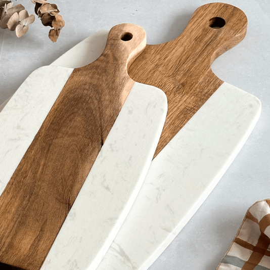 Conjunto De Tábuas Para Servir Retangular Em Mármore Branco E Madeira