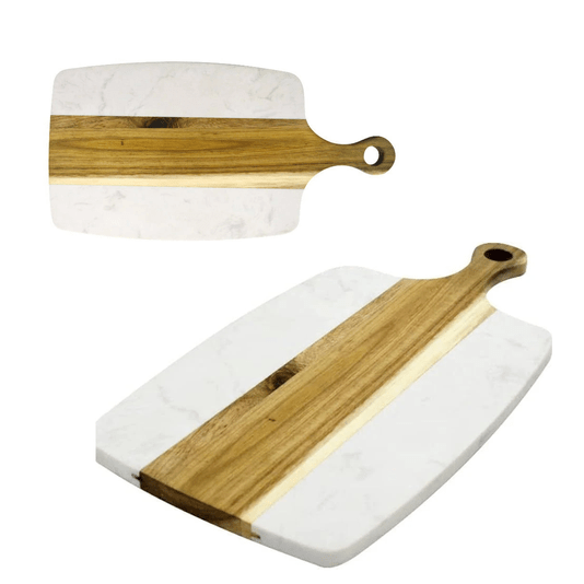 Conjunto De Tábuas Para Servir Retangular Em Mármore Branco E Madeira