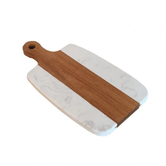 Conjunto De Tábuas Para Servir Retangular Em Mármore Branco E Madeira