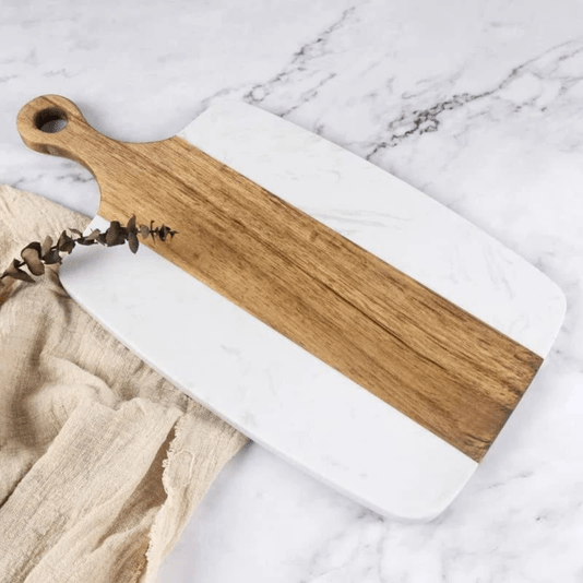 Conjunto De Tábuas Para Servir Retangular Em Mármore Branco E Madeira