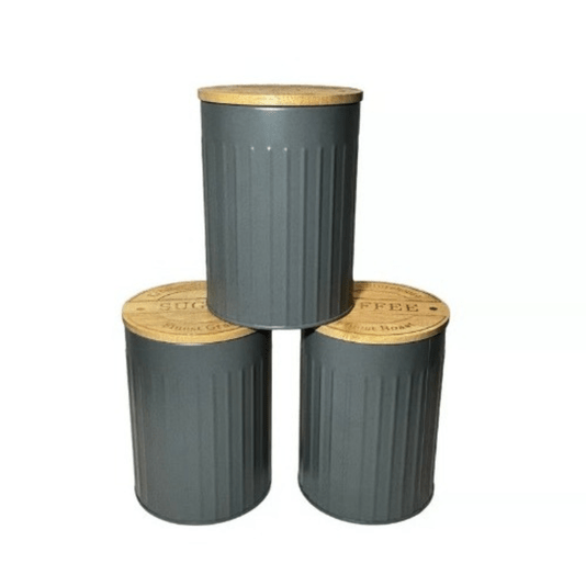 Conjunto Latas Porta Condimentos Metal e Bambu Cinza 3 Peças
