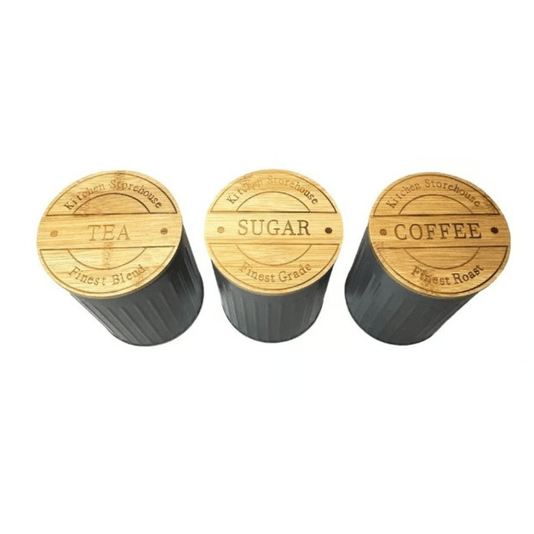 Conjunto Latas Porta Condimentos Metal e Bambu Cinza 3 Peças