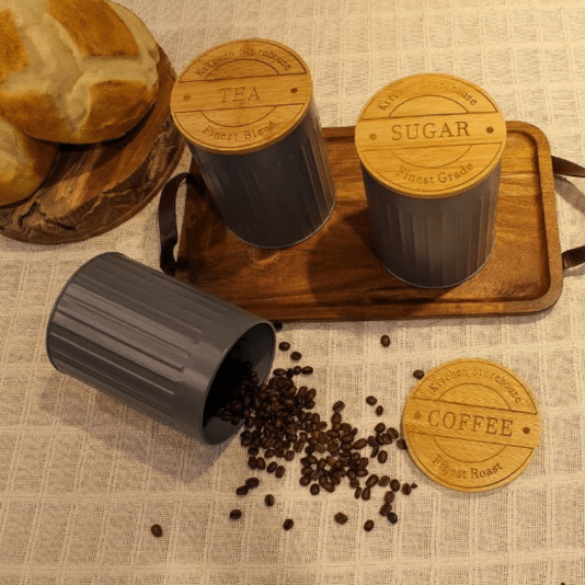 Conjunto Latas Porta Condimentos Metal e Bambu Cinza 3 Peças