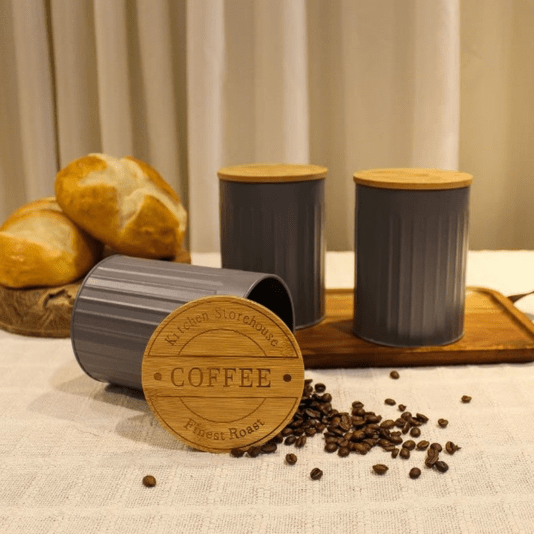 Conjunto Latas Porta Condimentos Metal e Bambu Cinza 3 Peças
