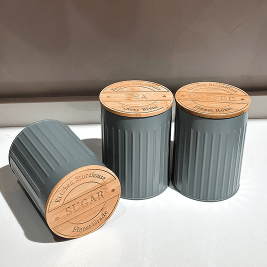Conjunto Latas Porta Condimentos Metal e Bambu Cinza 3 Peças