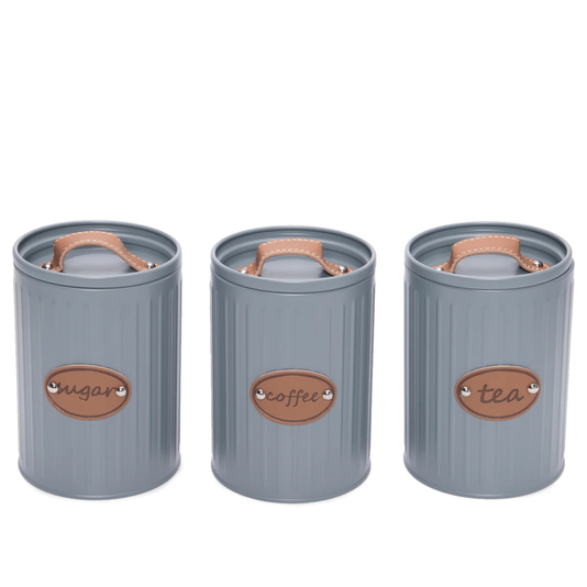 Conjunto Latas Porta Mantimentos Metal E Couro Cinza 3 peças