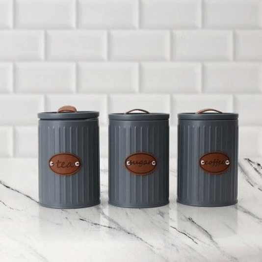 Conjunto Latas Porta Mantimentos Metal E Couro Cinza 3 peças