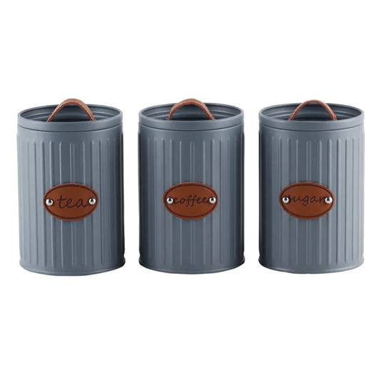 Conjunto Latas Porta Mantimentos Metal E Couro Cinza 3 Peças