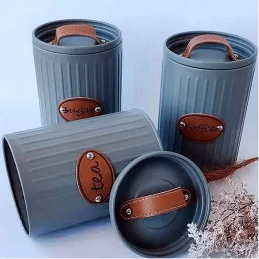 Conjunto Latas Porta Mantimentos Metal E Couro Cinza 3 peças
