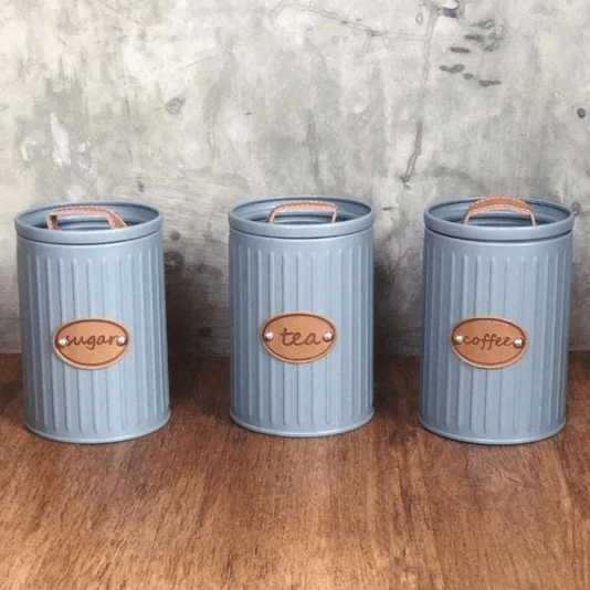 Conjunto Latas Porta Mantimentos Metal E Couro Cinza 3 peças