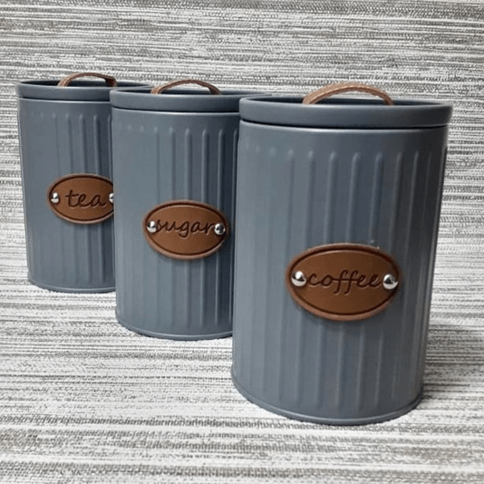 Conjunto Latas Porta Mantimentos Metal E Couro Cinza 3 peças
