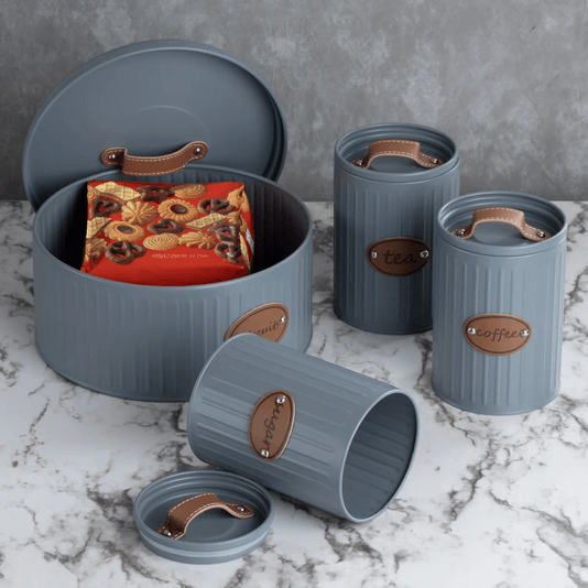 Conjunto Latas Porta Mantimentos Metal E Couro Cinza 3 peças