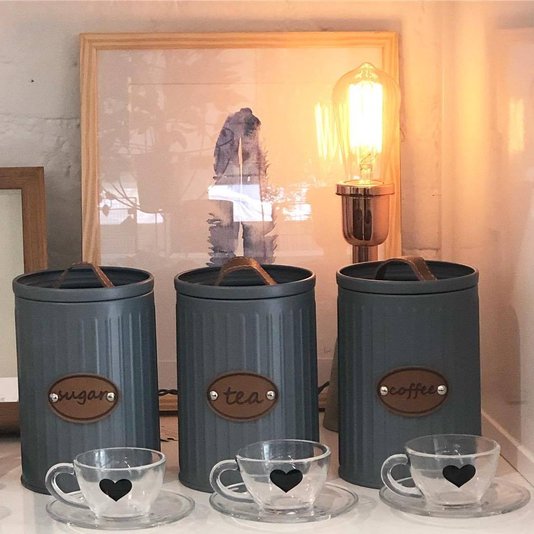 Conjunto Latas Porta Mantimentos Metal E Couro Cinza 3 peças
