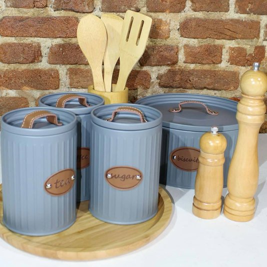 Conjunto Latas Porta Mantimentos Metal E Couro Cinza 3 peças