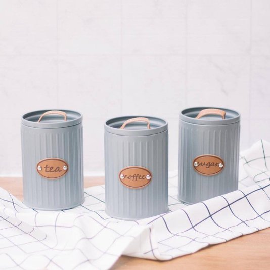 Conjunto Latas Porta Mantimentos Metal E Couro Cinza 3 peças