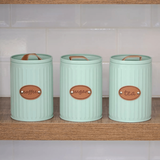 Conjunto Latas Porta Mantimentos Metal E Couro Verde 3 peças