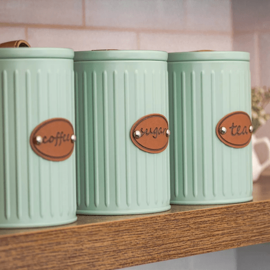 Conjunto Latas Porta Mantimentos Metal E Couro Verde 3 peças
