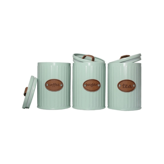 Conjunto Latas Porta Mantimentos Metal E Couro Verde 3 peças