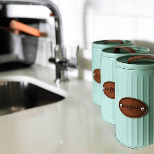 Conjunto Latas Porta Mantimentos Metal E Couro Verde 3 peças