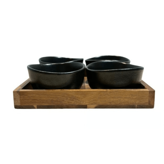 Conjunto Petisqueira Porta Aperitivos Cerâmica e Base Madeira
