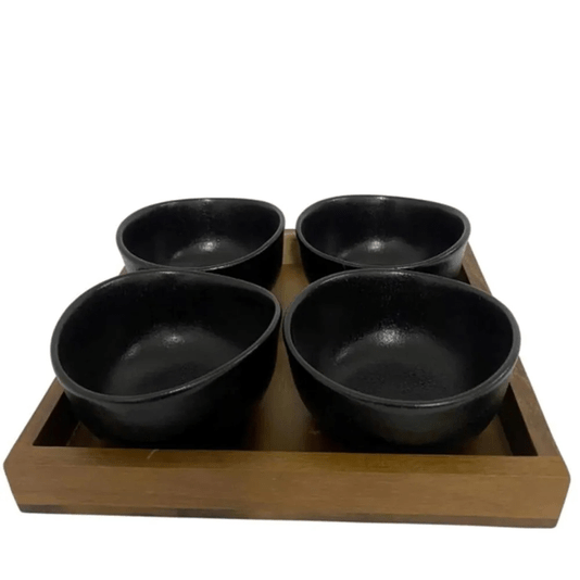 Conjunto Petisqueira Porta Aperitivos Cerâmica e Base Madeira