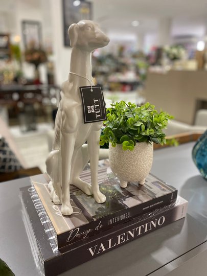 Escultura Decorativa Cachorro Em Cerâmica Branco