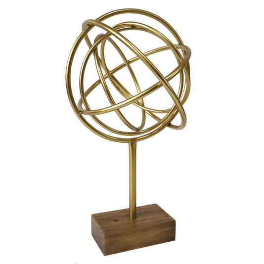 Escultura Decorativa Esfera De Metal Dourado Base Madeira