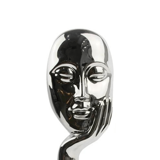 Escultura Decorativa Mulher Pensando De Cerâmica Prata Com Base 