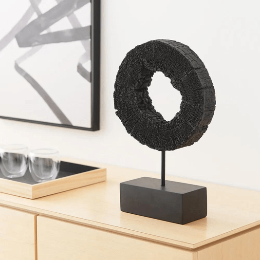 Escultura Decorativa Tronco Círculo Em Poliresina Preto 
