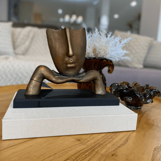 Escultura Rosto Decorativo Em Resina Cobre e Marrom