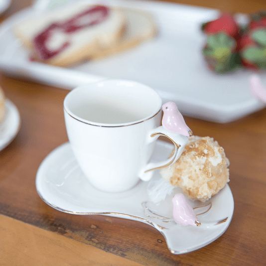 Jogo 6 Xícaras De Café Com Pires Porcelana Birds Plate Colorido 90ml